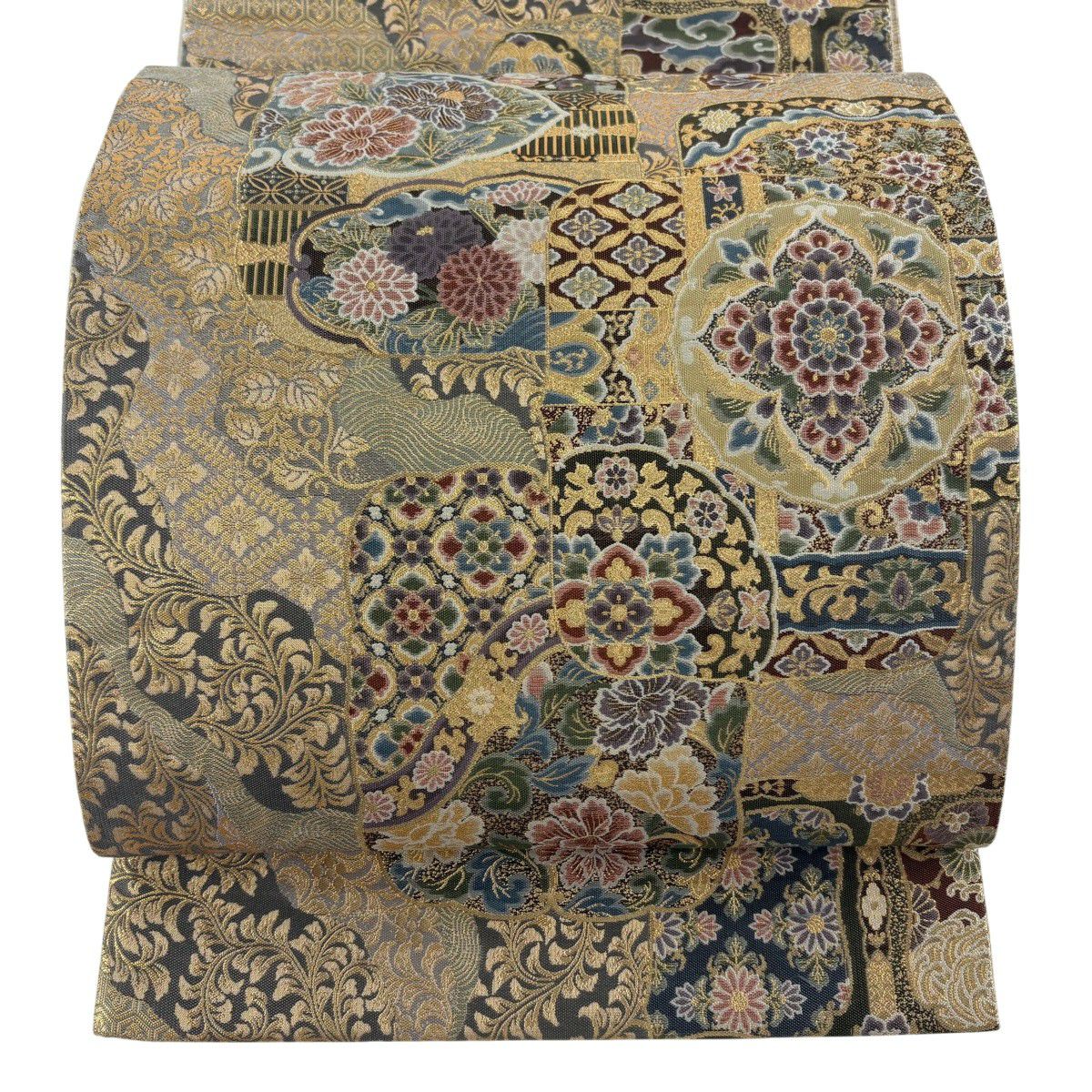 【美品】 袋帶 秀品級 華紋 草花紋 金絲 金金箔 灰紫 六通 純蠶絲