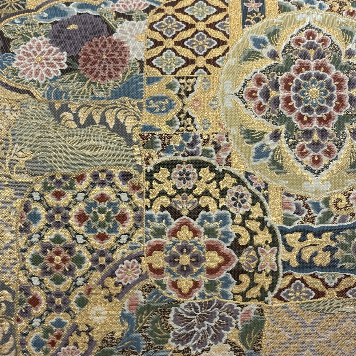 【美品】 袋帶 秀品級 華紋 草花紋 金絲 金金箔 灰紫 六通 純蠶絲