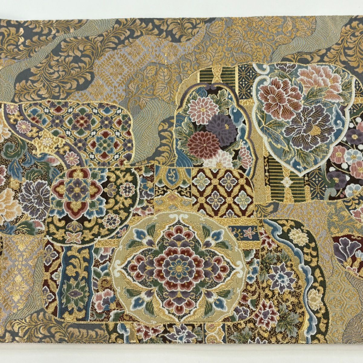 【美品】 袋帶 秀品級 華紋 草花紋 金絲 金金箔 灰紫 六通 純蠶絲