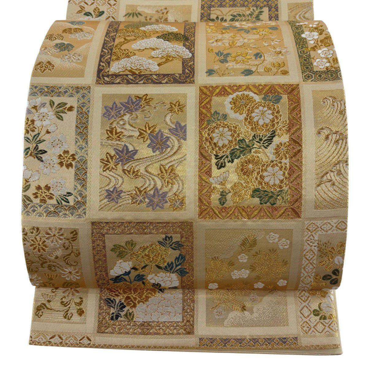 【美品】 袋帶 秀品級 色紙集 松樹梅花竹子 色紙 金絲 金金箔 金 六通 純蠶絲