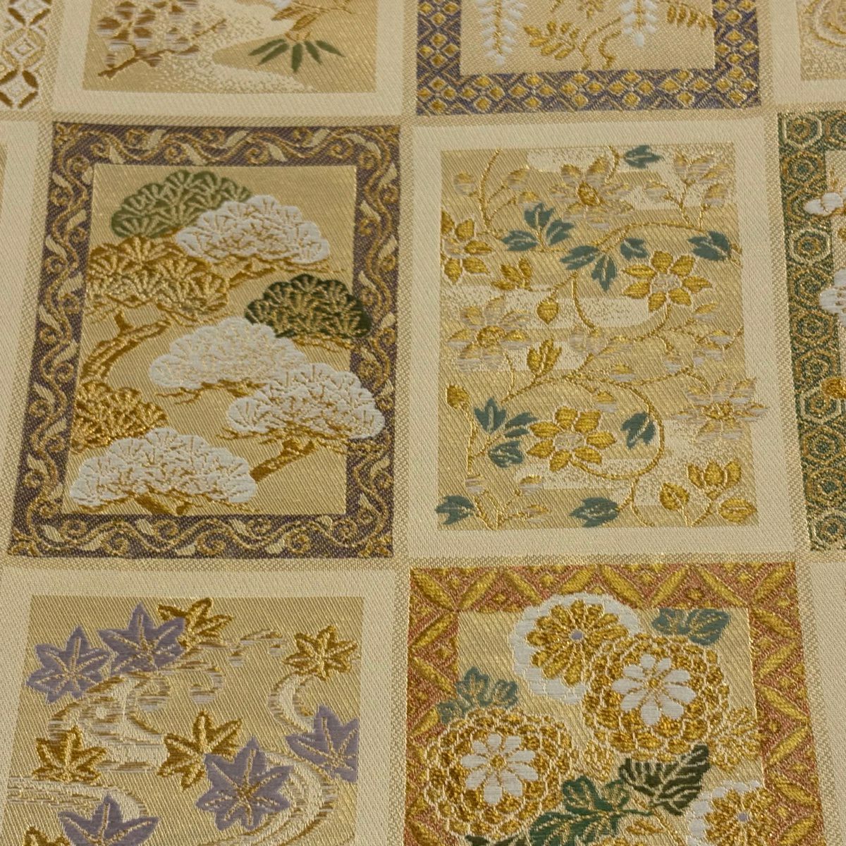 【美品】 袋帶 秀品級 色紙集 松樹梅花竹子 色紙 金絲 金金箔 金 六通 純蠶絲