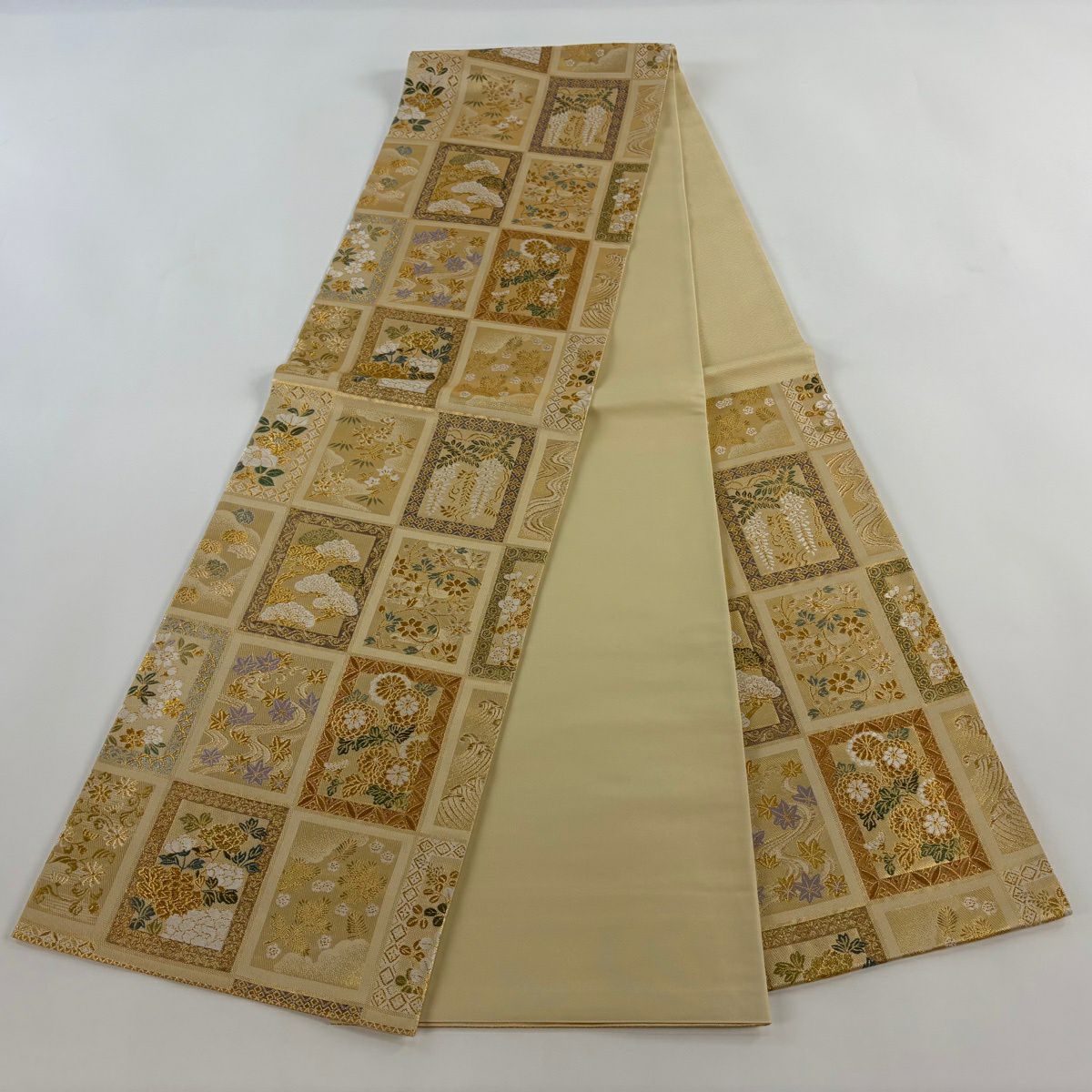 【美品】 袋帶 秀品級 色紙集 松樹梅花竹子 色紙 金絲 金金箔 金 六通 純蠶絲