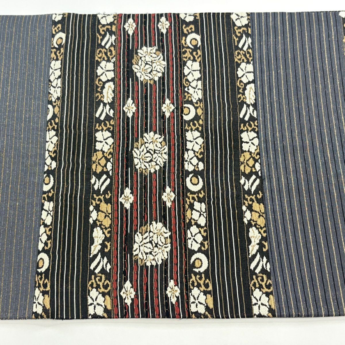 袋帶 秀品級 草花紋紋 縞紋 金絲 墨 黑色 大鼓圖案 純蠶絲