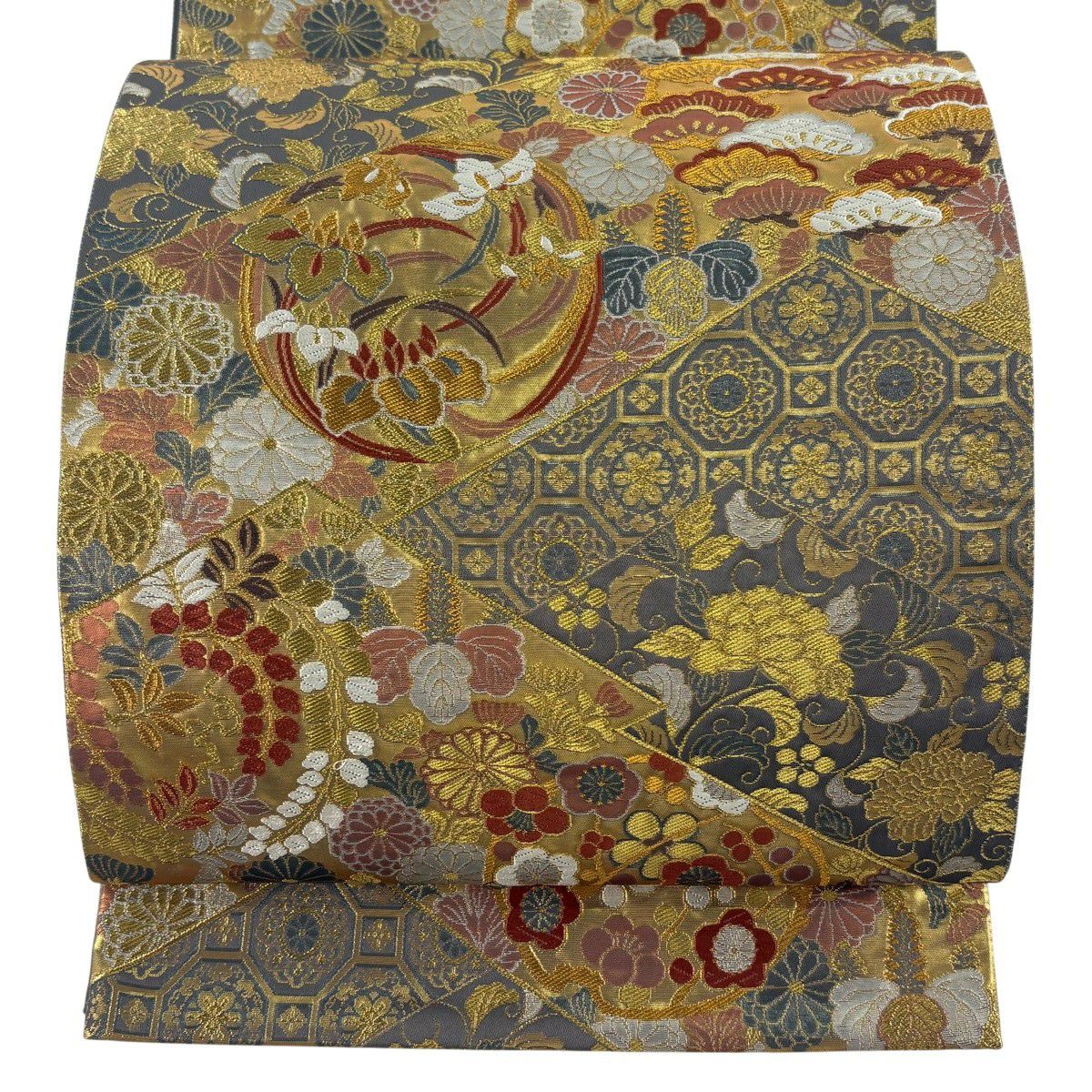 【美品】 袋帶 秀品級 花丸紋 松樹梅花 金絲 金金箔 金色 六通 純蠶絲