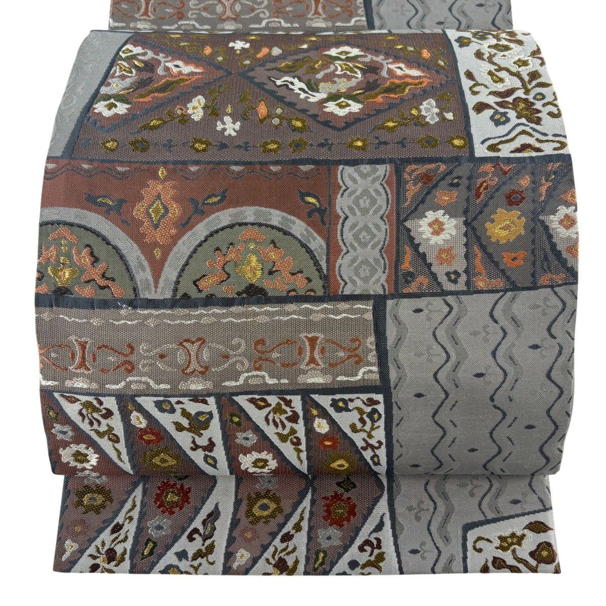 【美品】 袋帶 秀品級 草花紋紋 菱形 金絲 灰色 六通 純蠶絲