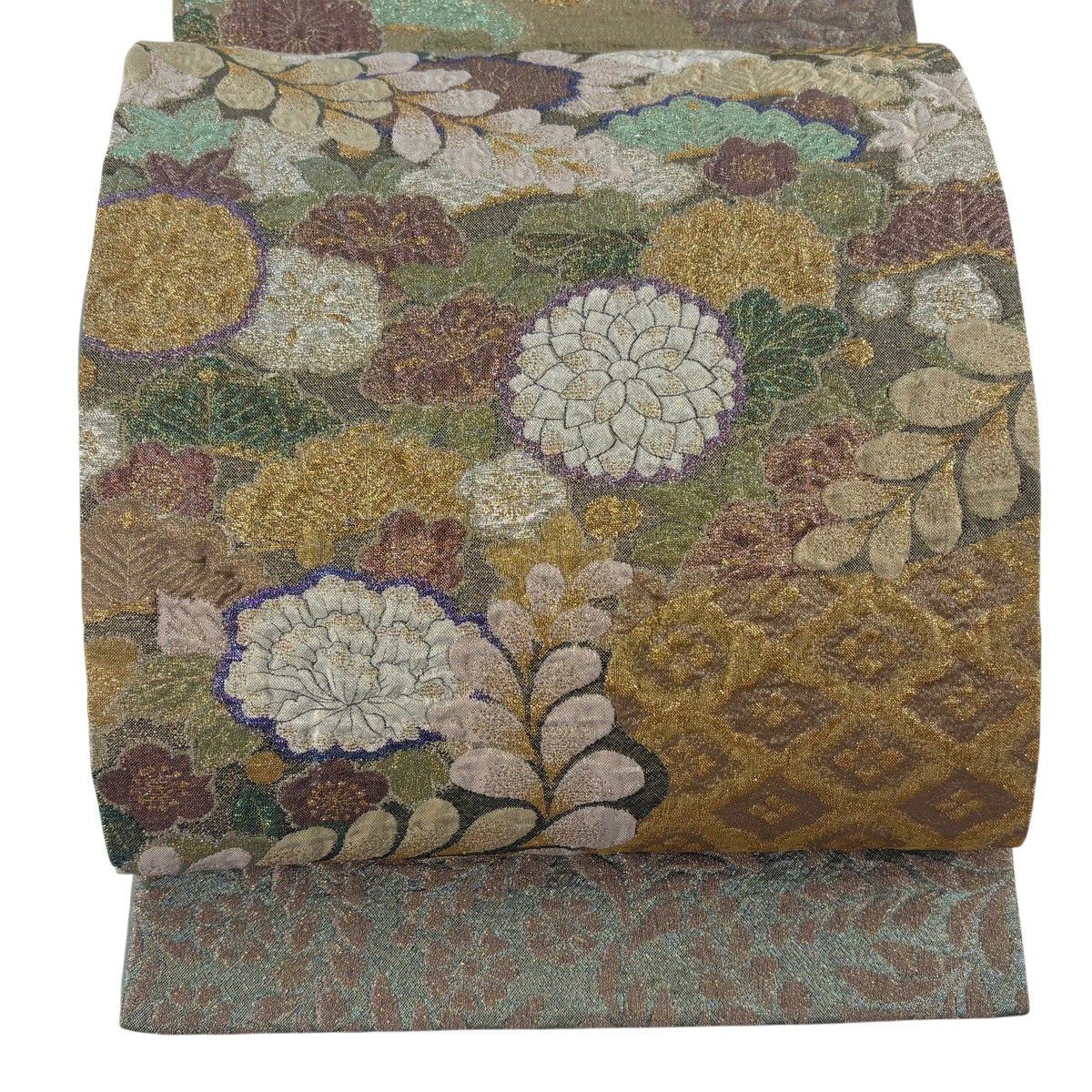 【美品】 袋帶 秀品級 菊花 花笠 金金箔 茶紫 大鼓圖案 純蠶絲