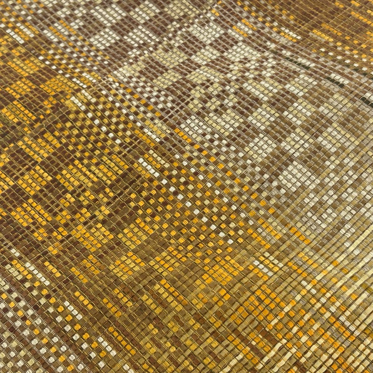 【美品】 袋帶 秀品級 菱格子 山吹茶 六通 純蠶絲