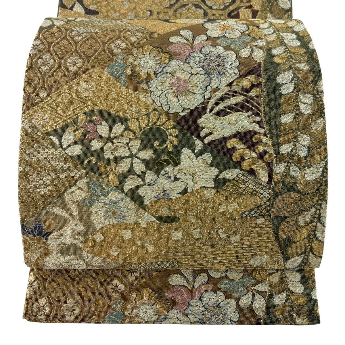 【美品】 袋帶 秀品級 兔子 草花紋 金絲 金金箔 金茶 六通 純蠶絲
