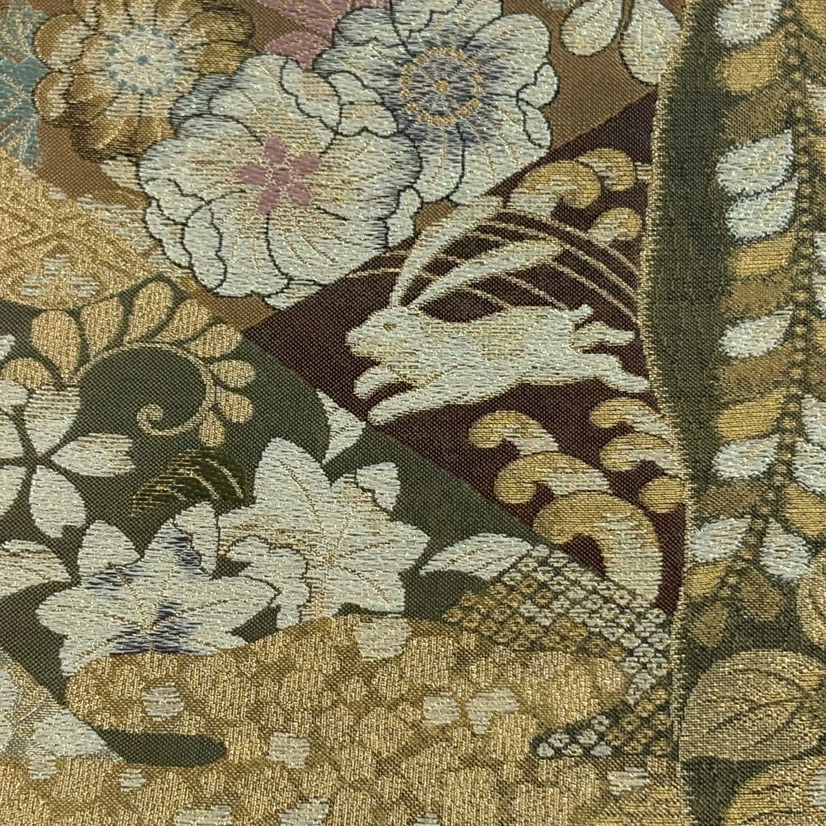 【美品】 袋帶 秀品級 兔子 草花紋 金絲 金金箔 金茶 六通 純蠶絲