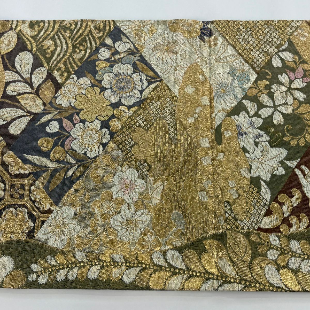 【美品】 袋帶 秀品級 兔子 草花紋 金絲 金金箔 金茶 六通 純蠶絲