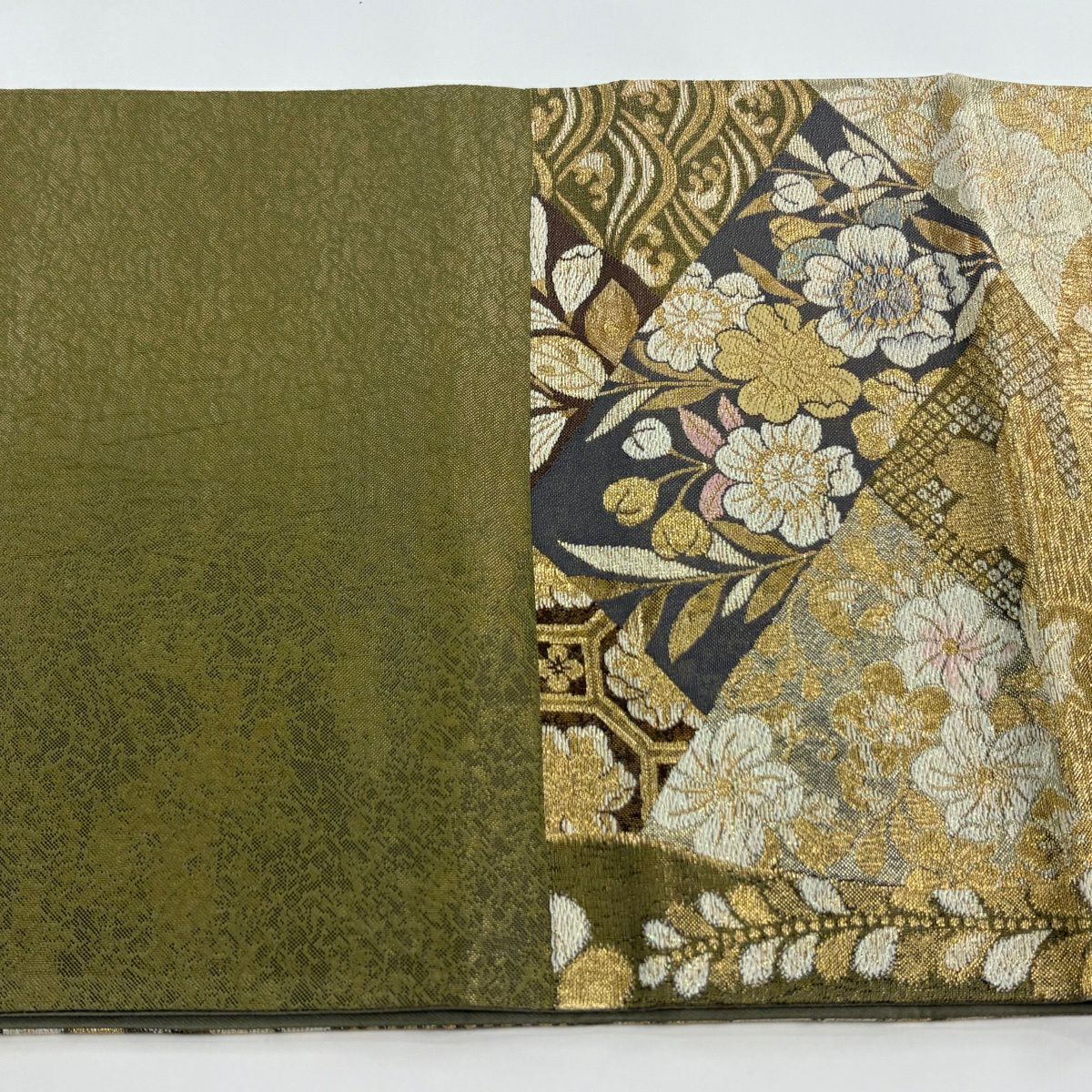 【美品】 袋帶 秀品級 兔子 草花紋 金絲 金金箔 金茶 六通 純蠶絲