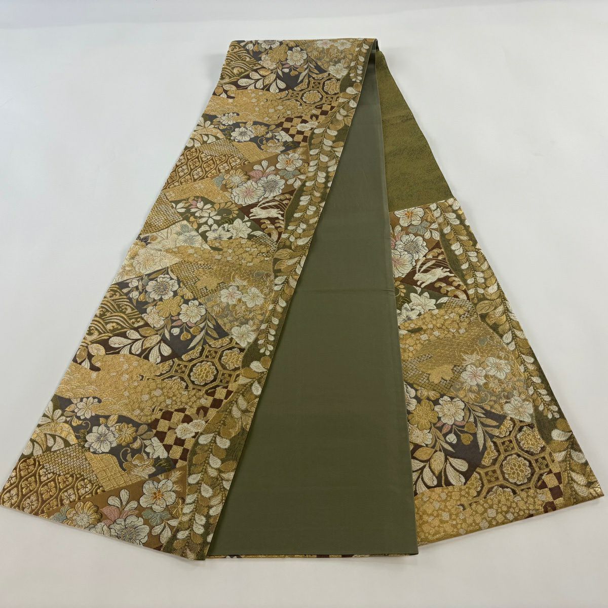 【美品】 袋帶 秀品級 兔子 草花紋 金絲 金金箔 金茶 六通 純蠶絲