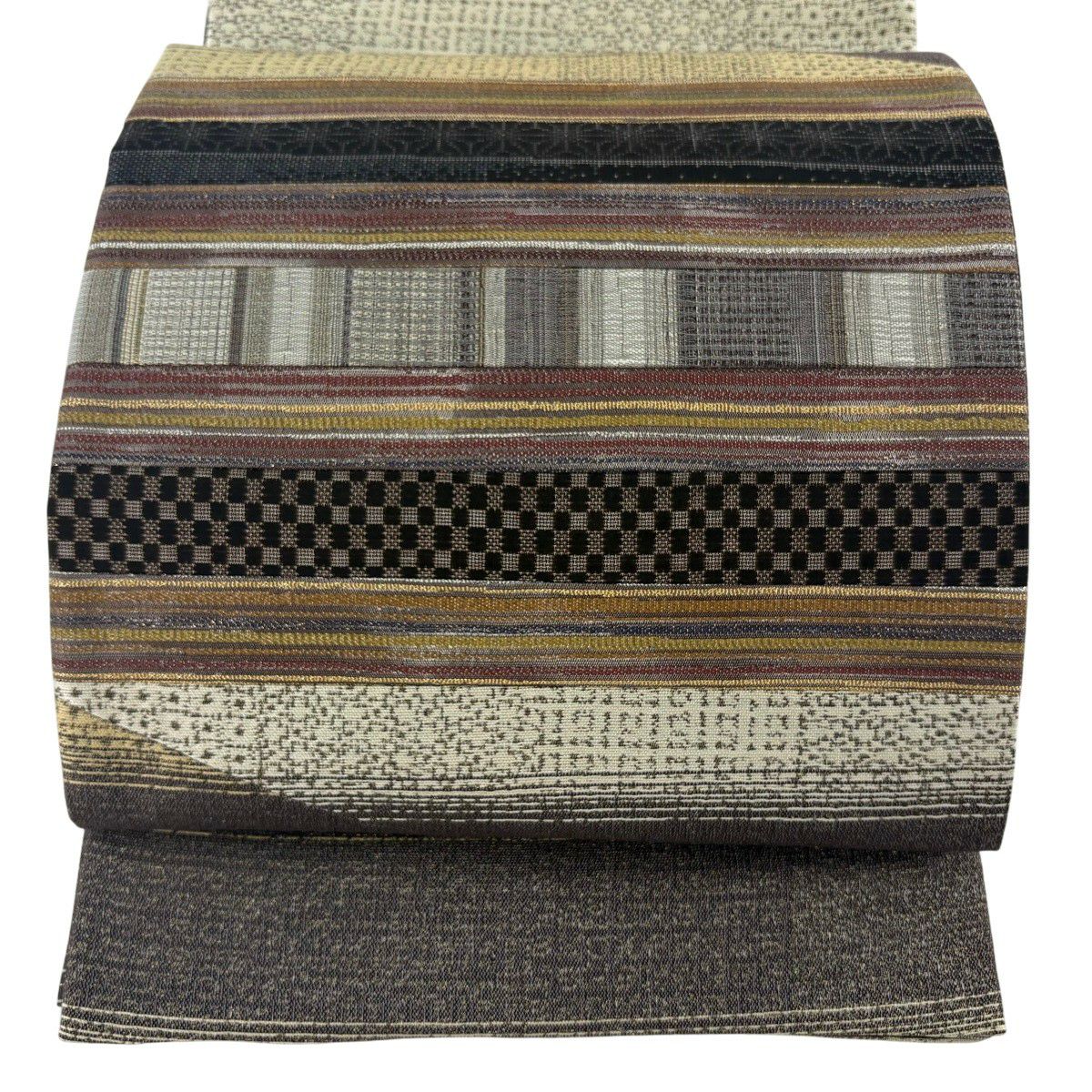 【美品】 袋帶 秀品級 縞 市松樹 金銀線 茶紫 大鼓圖案 純蠶絲