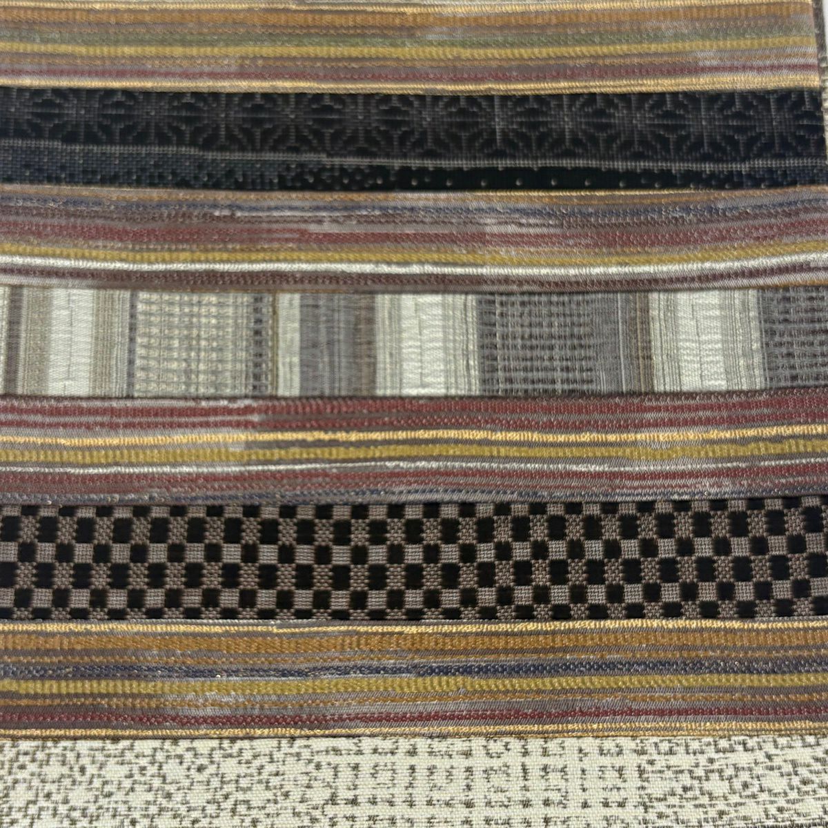 【美品】 袋帶 秀品級 縞 市松樹 金銀線 茶紫 大鼓圖案 純蠶絲