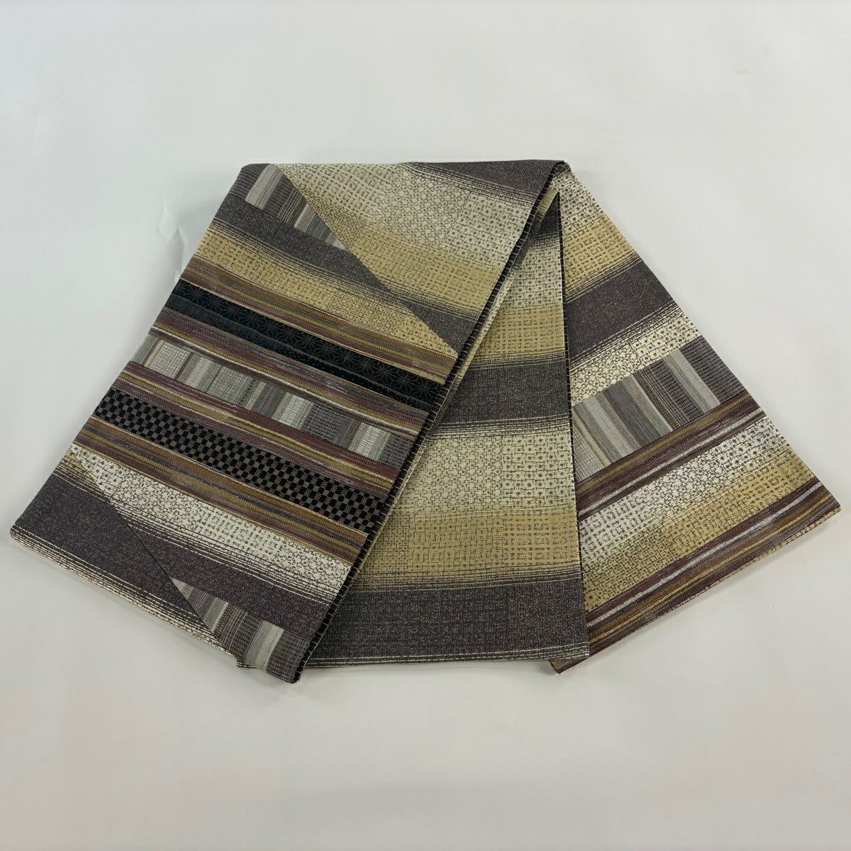 【美品】 袋帶 秀品級 縞 市松樹 金銀線 茶紫 大鼓圖案 純蠶絲