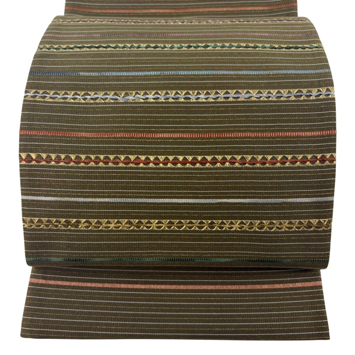【美品】 袋帶 秀品級 縞 幾何圖案 金絲 山吹茶 紋樣 正蠶絲