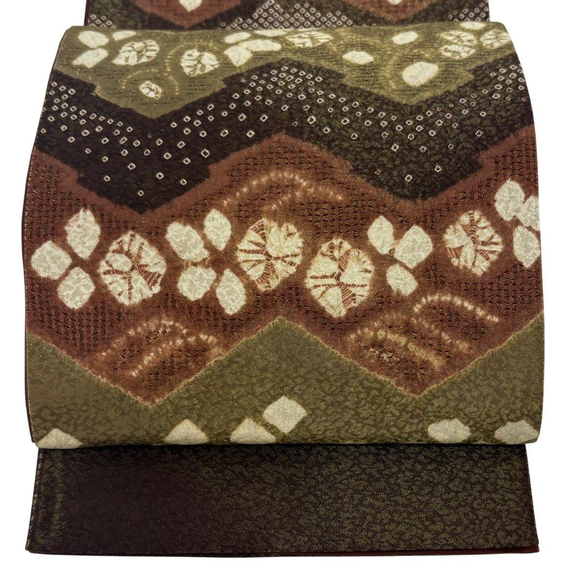 【美品】 袋帶 秀品級 大和 草花紋紋 波紋 刺繡 金線 茶 純蠶絲