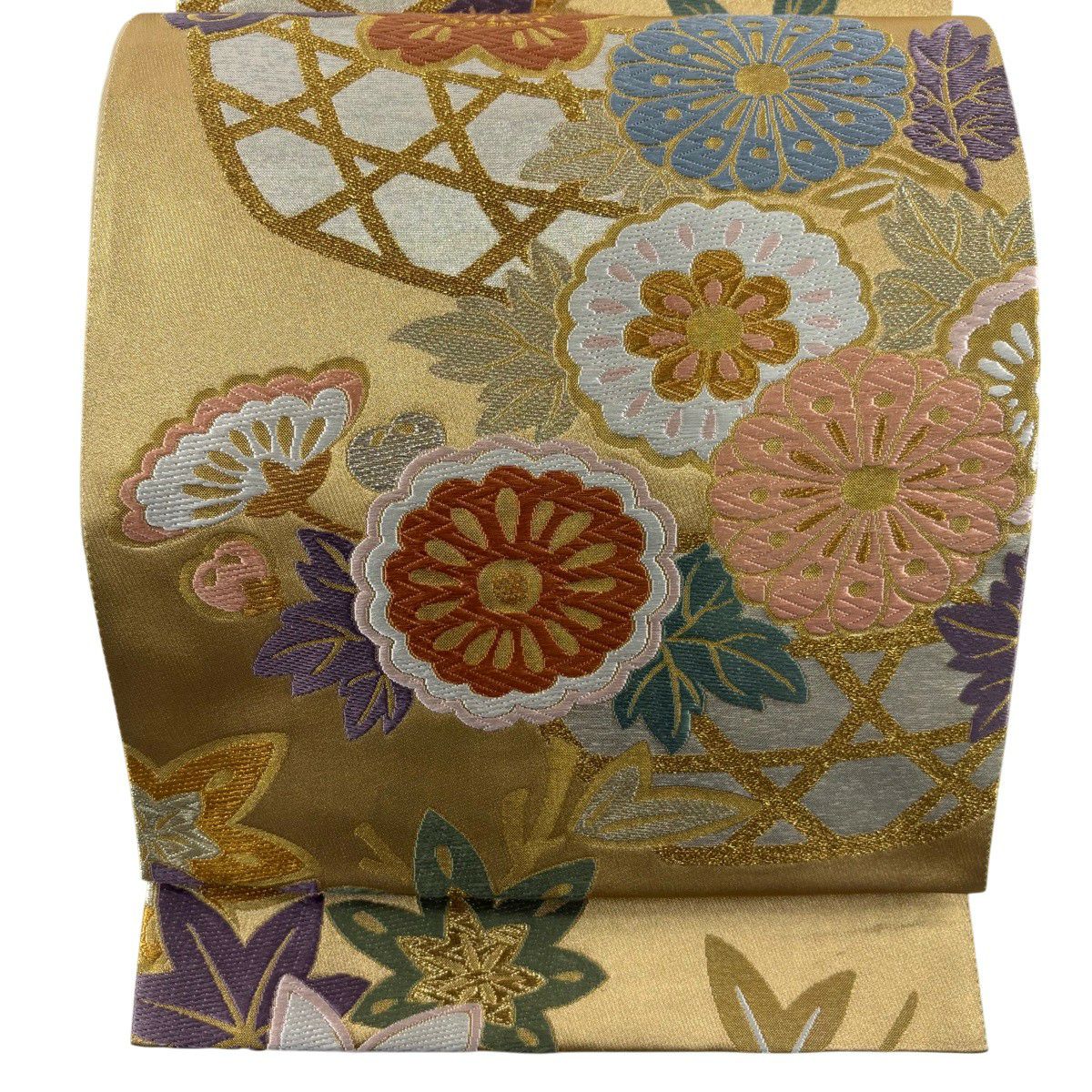 【美品】 袋帶 秀品級 花籠彩映文 唐織 金銀糸 金 六通 純蠶絲