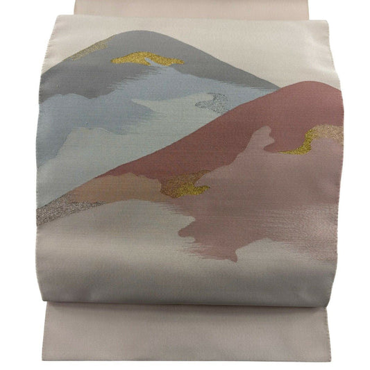 名古屋帶 優品級 附證書 八寸名古屋帶 松樹葉仕立 紅山 金銀絲 粉米色 純蠶絲