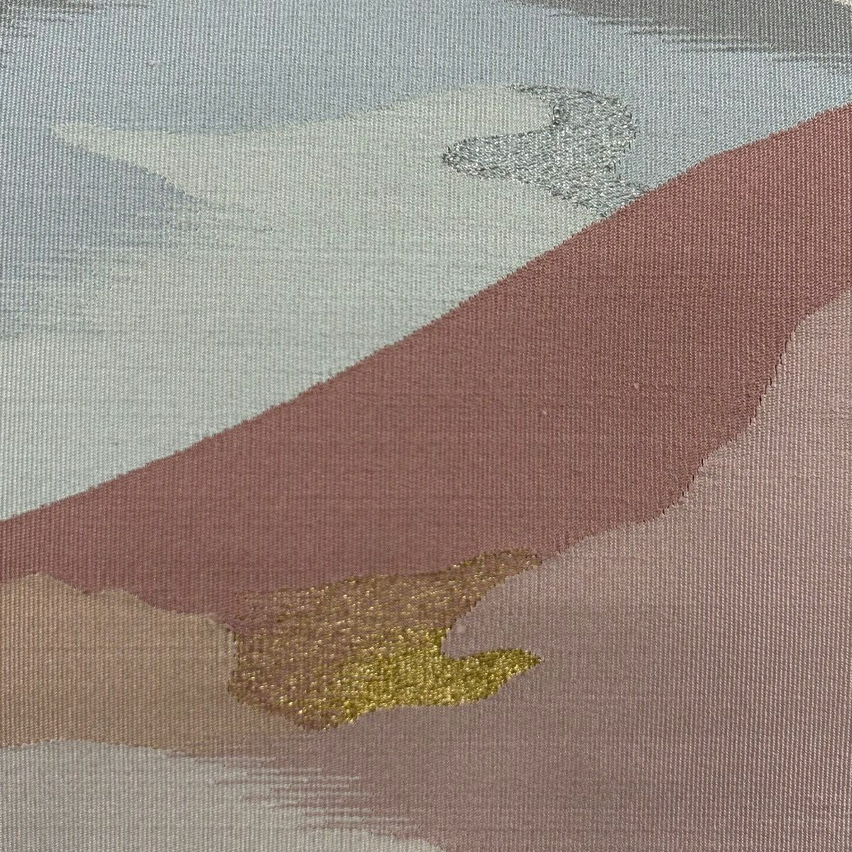 名古屋帶 優品級 附證書 八寸名古屋帶 松樹葉仕立 紅山 金銀絲 粉米色 純蠶絲