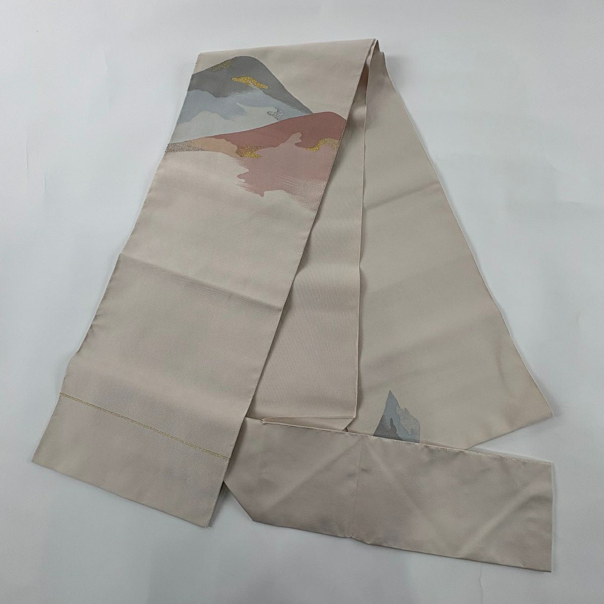 名古屋帶 優品級 附證書 八寸名古屋帶 松樹葉仕立 紅山 金銀絲 粉米色 純蠶絲