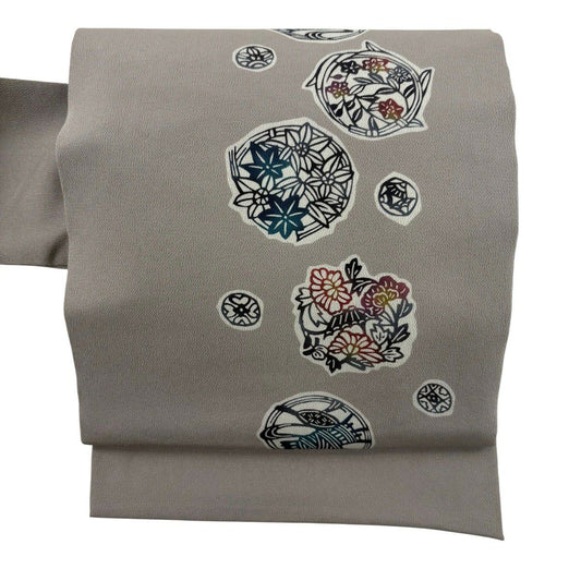 名古屋帶 秀品級 花丸紋 絞織 灰紫 純蠶絲