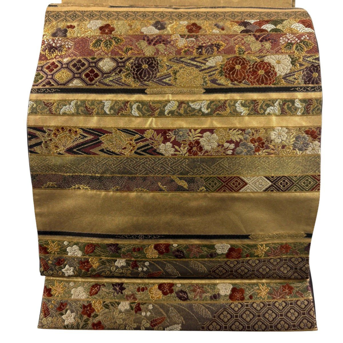 【美品】 袋帶 秀品級 加納幸 落款あり 蒔絵段重文 草花紋紋 縞 金絲 金金箔 金色 大鼓圖案 純蠶絲