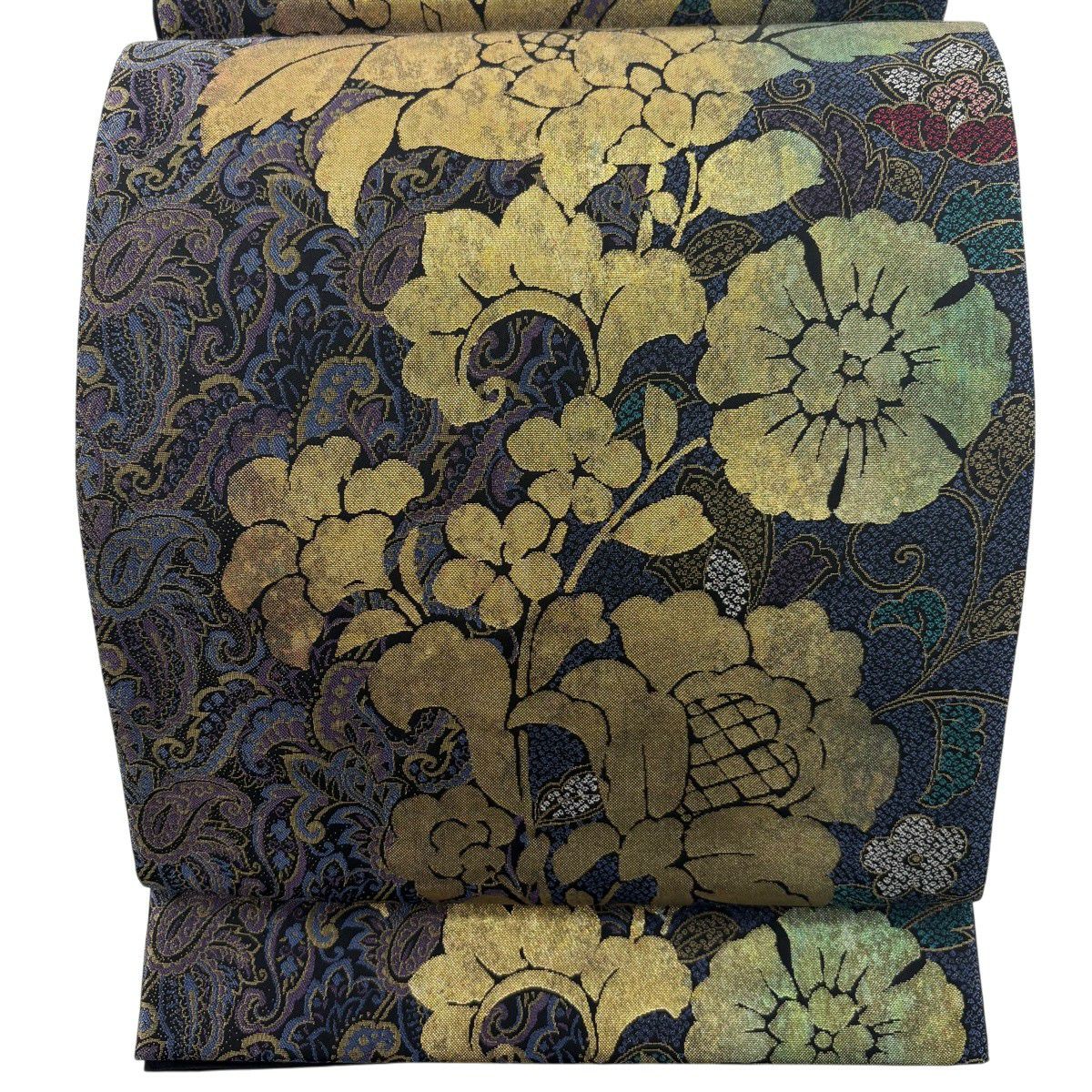 【美品】 袋帶 秀品級 草花紋紋 金金箔 銀線 青紫 六通 純蠶絲