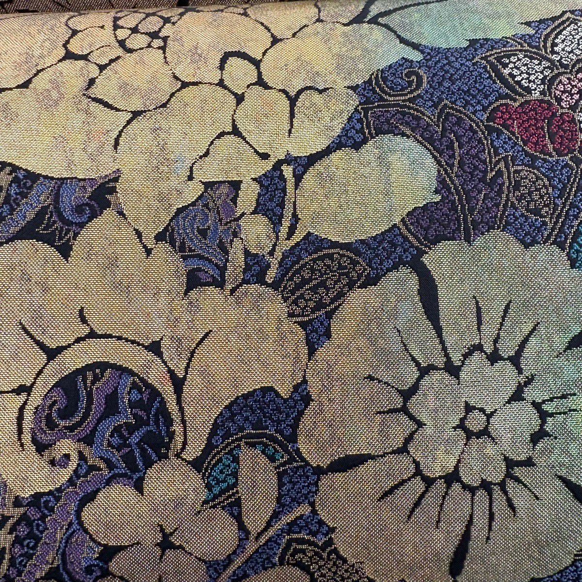 【美品】 袋帶 秀品級 草花紋紋 金金箔 銀線 青紫 六通 純蠶絲