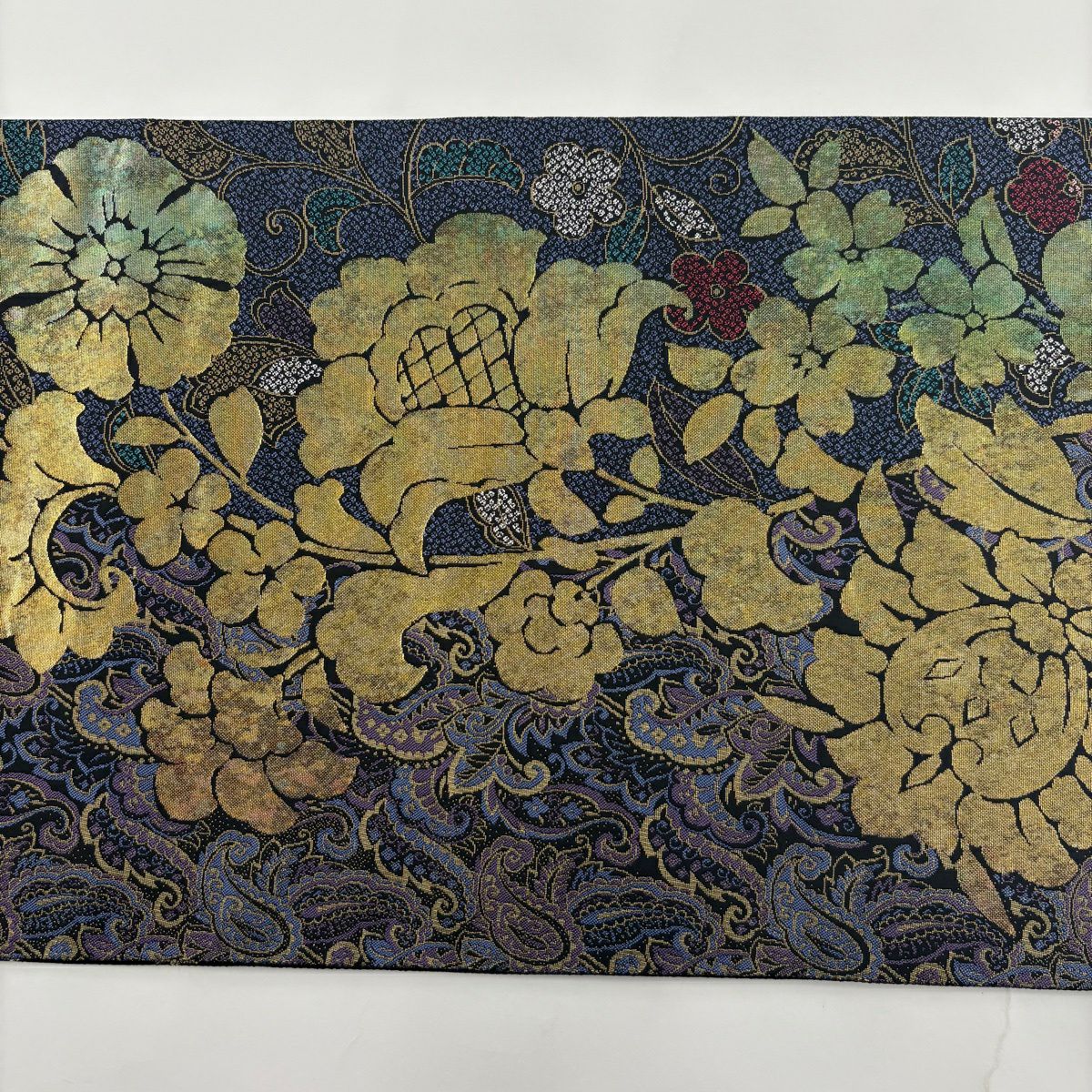 【美品】 袋帶 秀品級 草花紋紋 金金箔 銀線 青紫 六通 純蠶絲