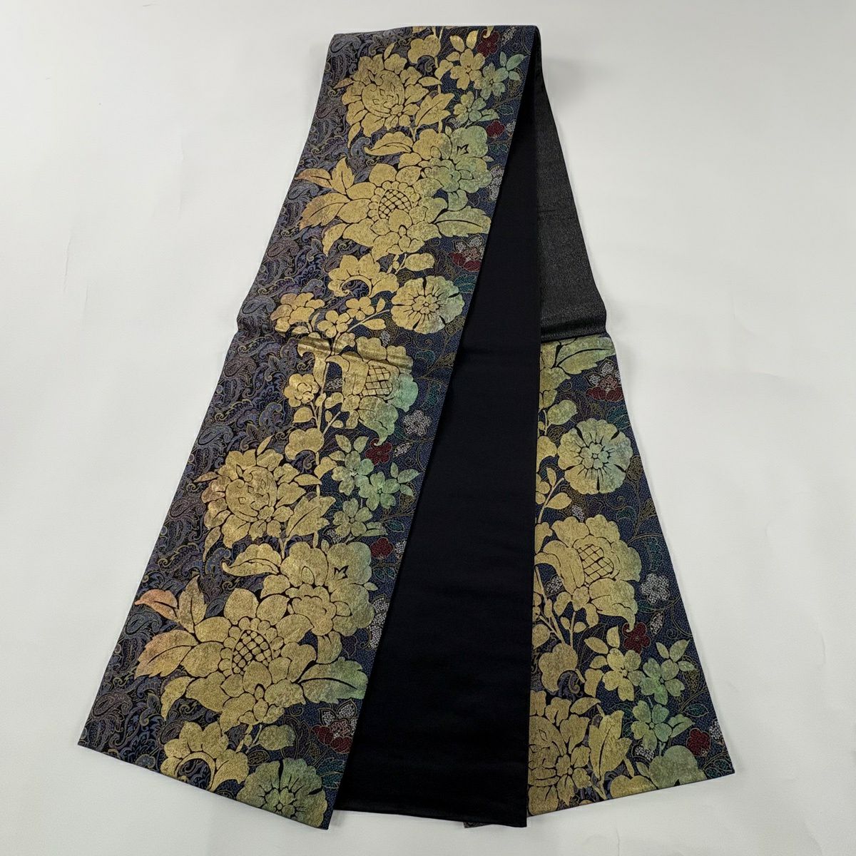 【美品】 袋帶 秀品級 草花紋紋 金金箔 銀線 青紫 六通 純蠶絲