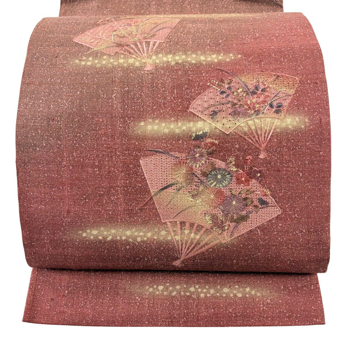 【美品】 袋帶 秀品級 紬織織 地區仕立 扇子 草花紋刺繡 金彩裝飾 茜 紅色 正蠶絲