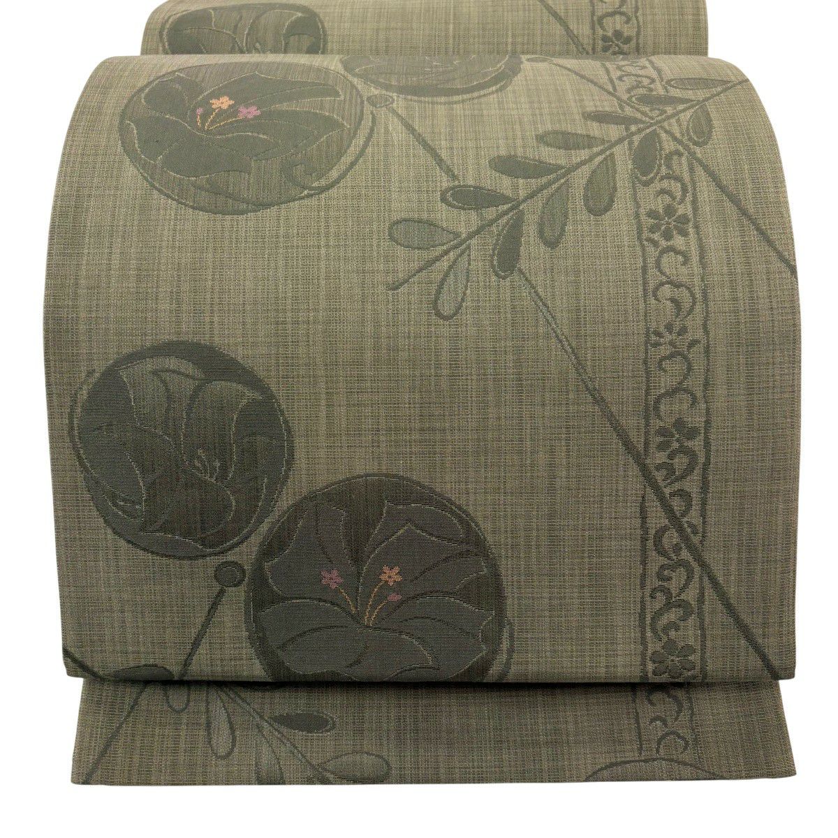 【美品】 袋帶 秀品級 草花紋 綠 六通 純蠶絲