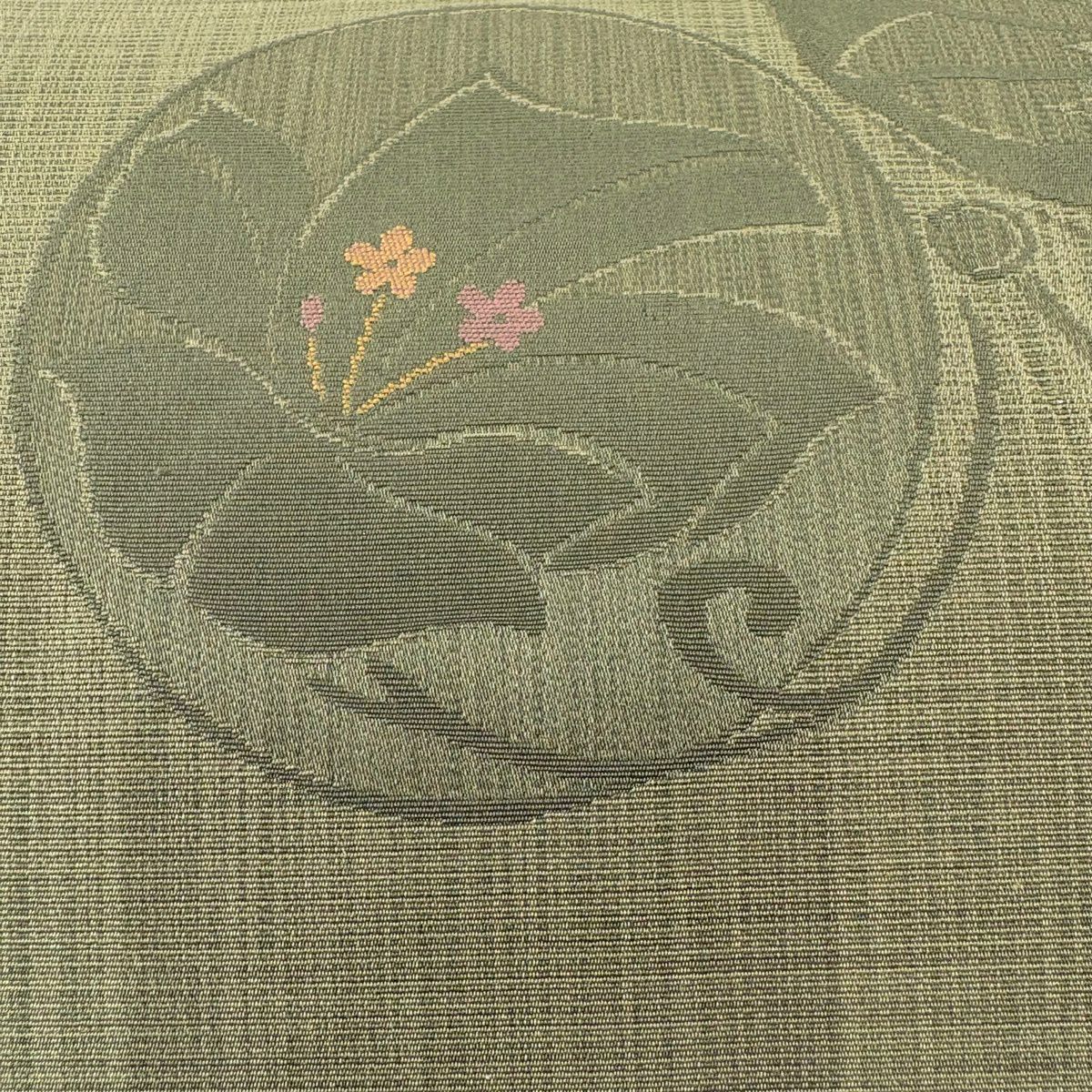 【美品】 袋帶 秀品級 草花紋 綠 六通 純蠶絲