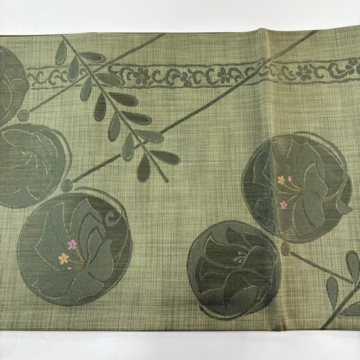 【美品】 袋帶 秀品級 草花紋 綠 六通 純蠶絲