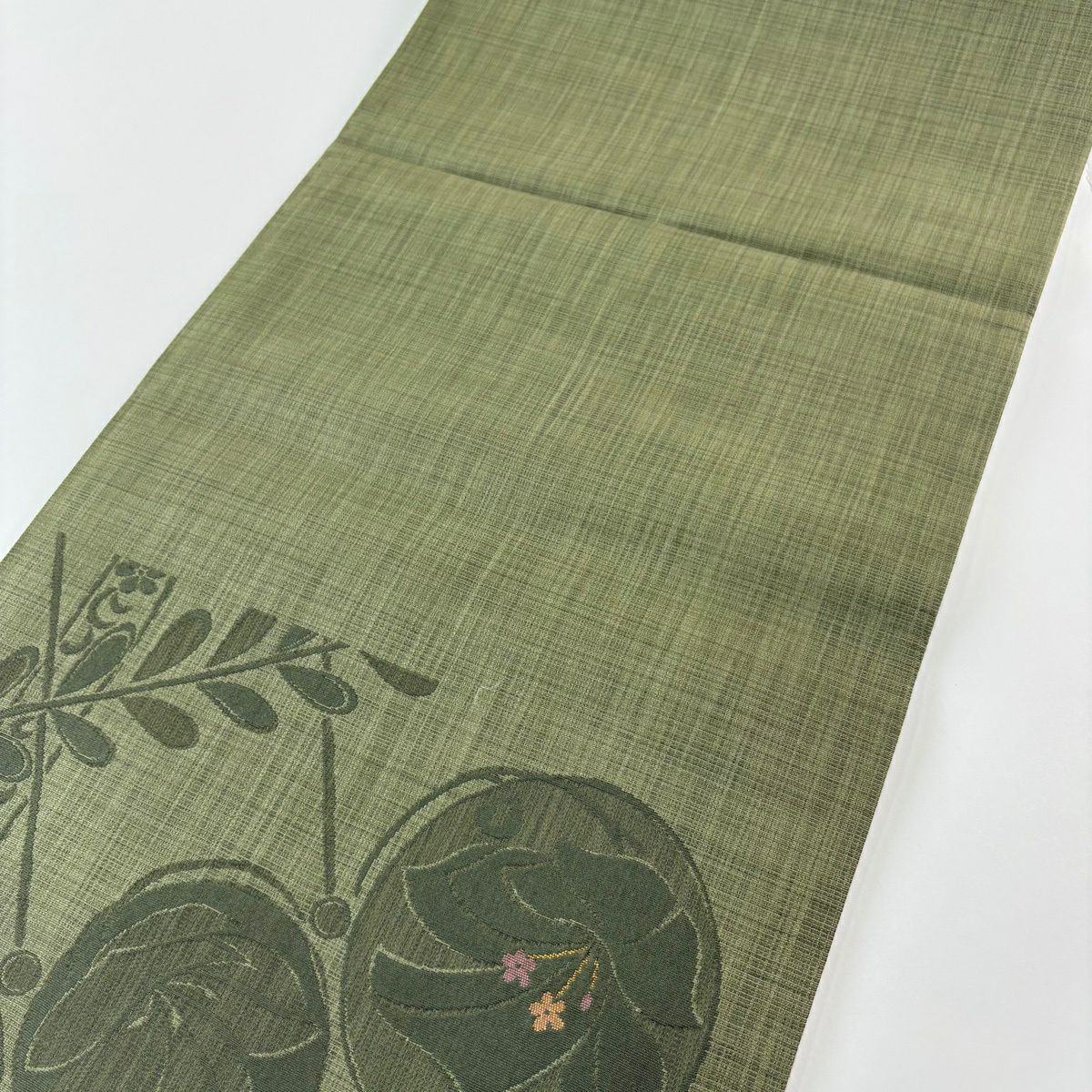 【美品】 袋帶 秀品級 草花紋 綠 六通 純蠶絲