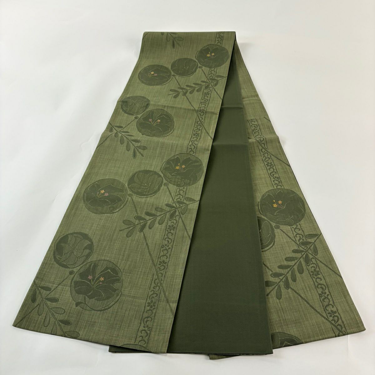 【美品】 袋帶 秀品級 草花紋 綠 六通 純蠶絲
