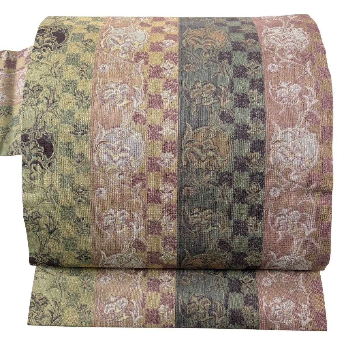 【美品】 名古屋帶 秀品級 草花紋紋 市松樹 灰綠 純蠶絲