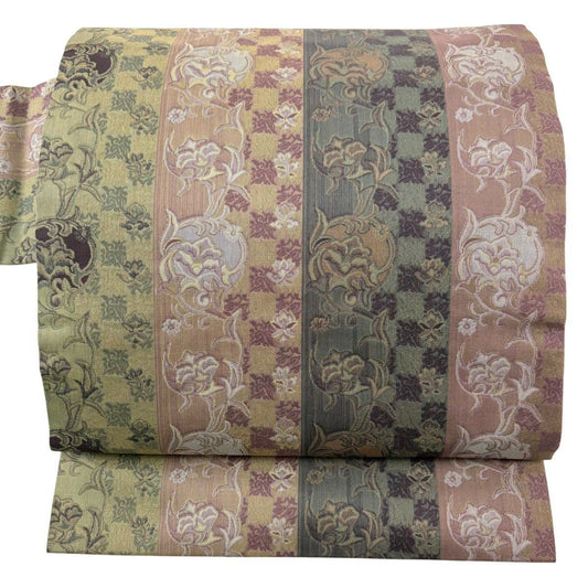 【美品】 名古屋帶 秀品級 草花紋紋 市松樹 灰綠 純蠶絲