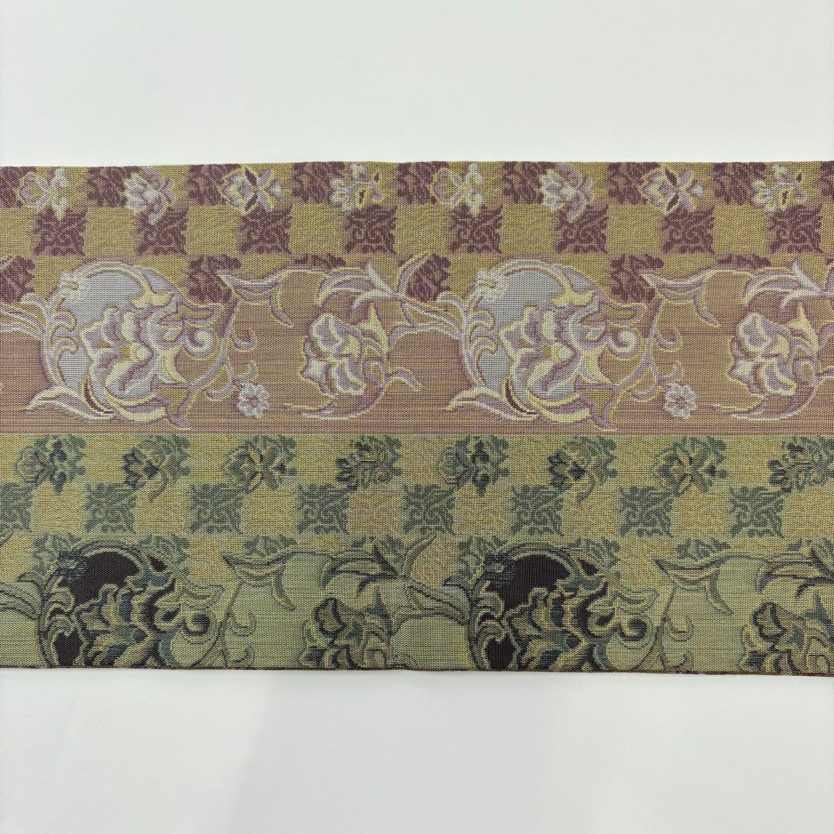 【美品】 名古屋帶 秀品級 草花紋紋 市松樹 灰綠 純蠶絲