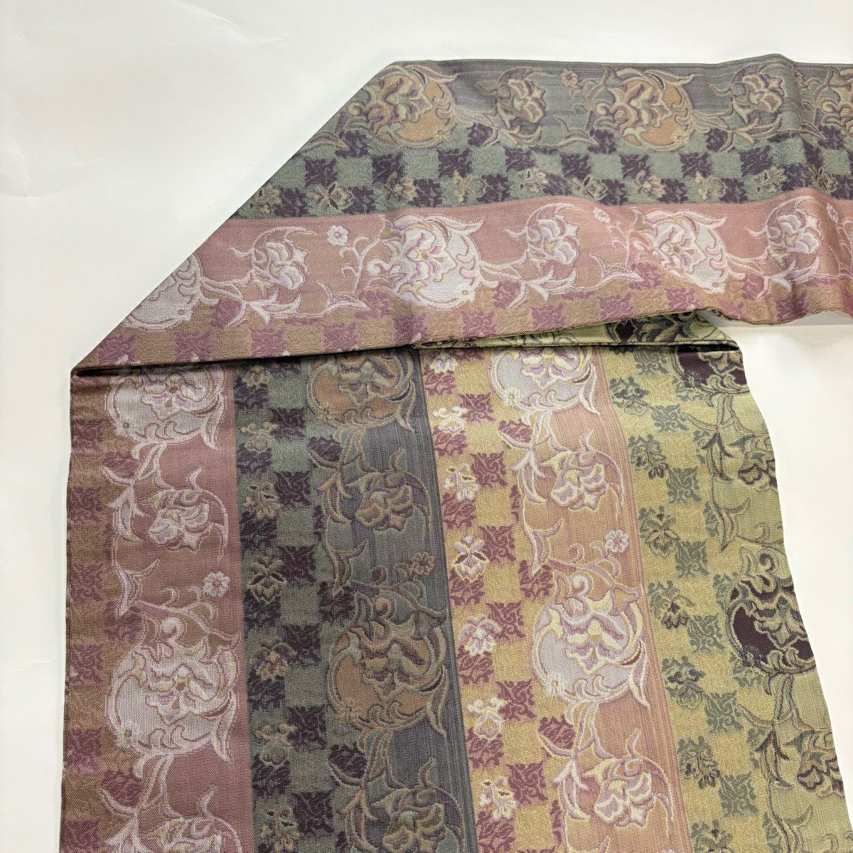 【美品】 名古屋帶 秀品級 草花紋紋 市松樹 灰綠 純蠶絲