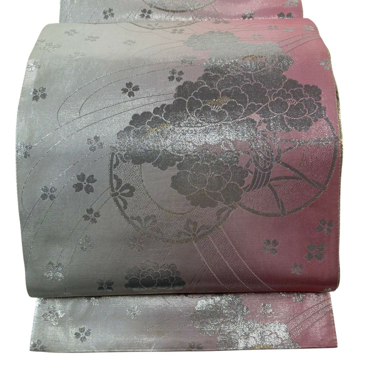 【美品】 袋帶 秀品級 鼓 椿 金金箔 粉紅 全通 純蠶絲