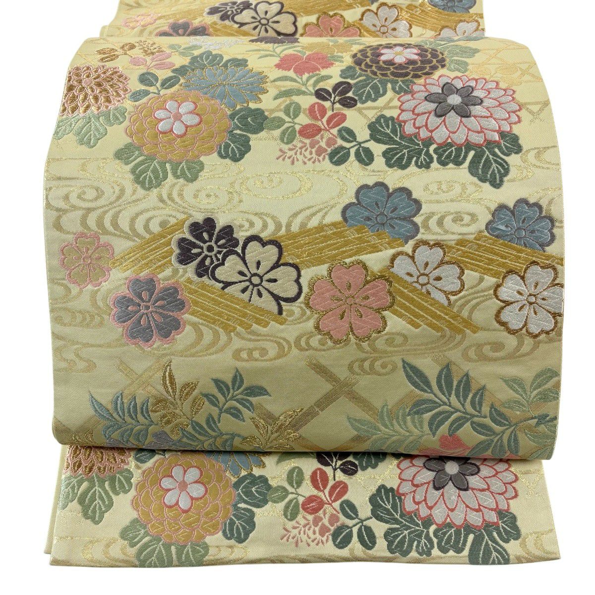【美品】 袋帶 秀品級 落款あり 橫段菊花藤花筏紋 流水 唐織 金金箔 淺黃 六通 純蠶絲