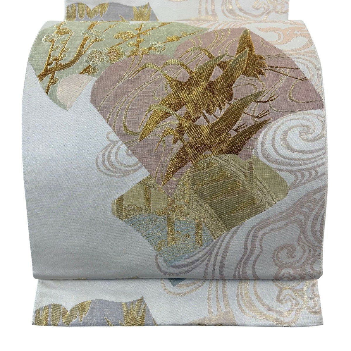 【美品】 袋帶 秀品級 じゅらく 落款あり 仙鶴 枝梅花 金糸 金金箔 奶油 六通 純蠶絲