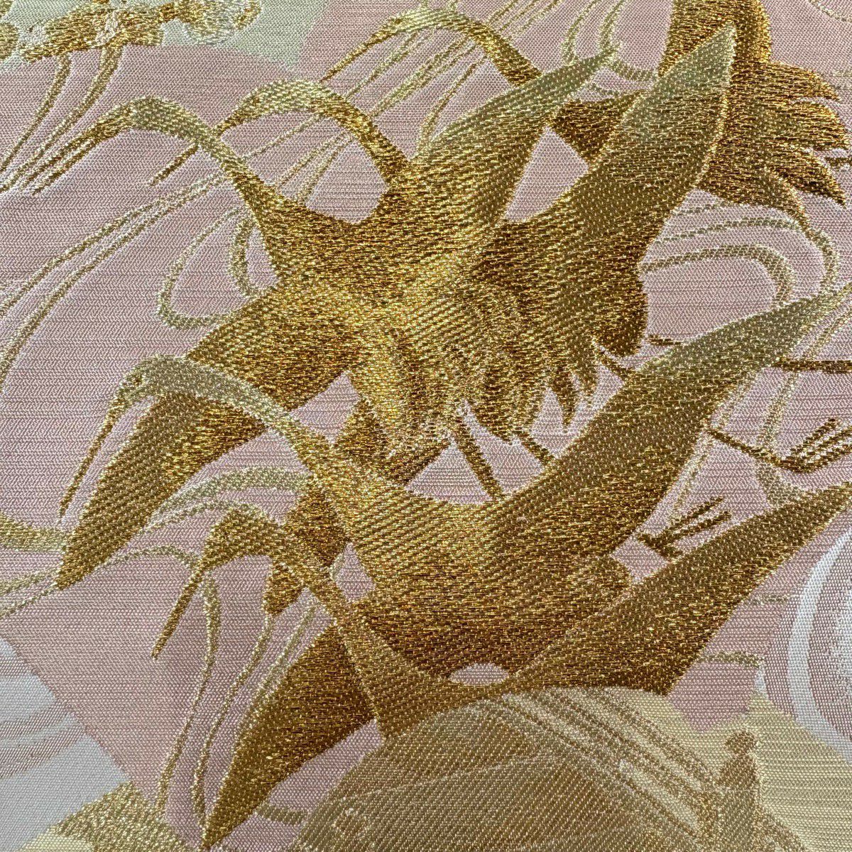 【美品】 袋帶 秀品級 じゅらく 落款あり 仙鶴 枝梅花 金糸 金金箔 奶油 六通 純蠶絲