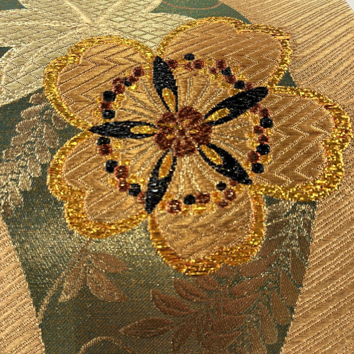 【美品】 袋帶 秀品級 櫻花 楓葉 金銀彩 金色 六通 純蠶絲