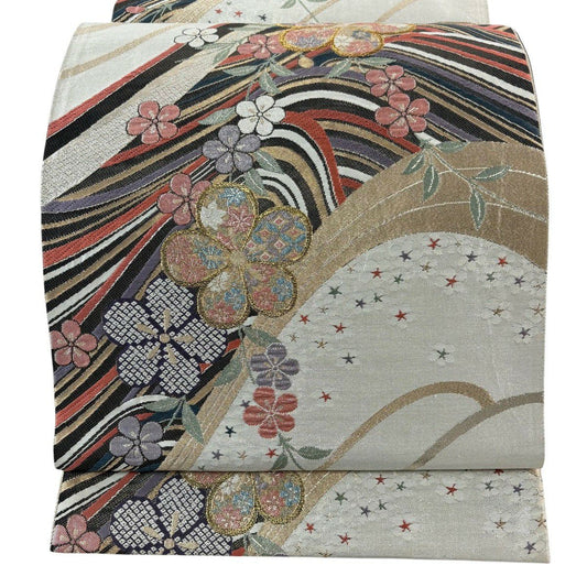 袋帶 秀品級 梅花 波 金銀絲 金金箔 銀 六通 純蠶絲