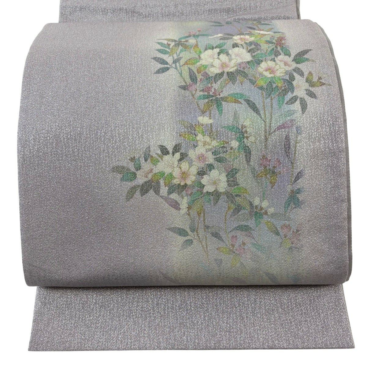 【美品】 袋帶 秀品級 草花紋 金銀彩 逐漸變色 淺紫 お太鼓圖案 純蠶絲