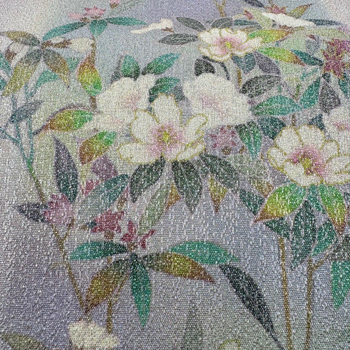 【美品】 袋帶 秀品級 草花紋 金銀彩 逐漸變色 淺紫 お太鼓圖案 純蠶絲