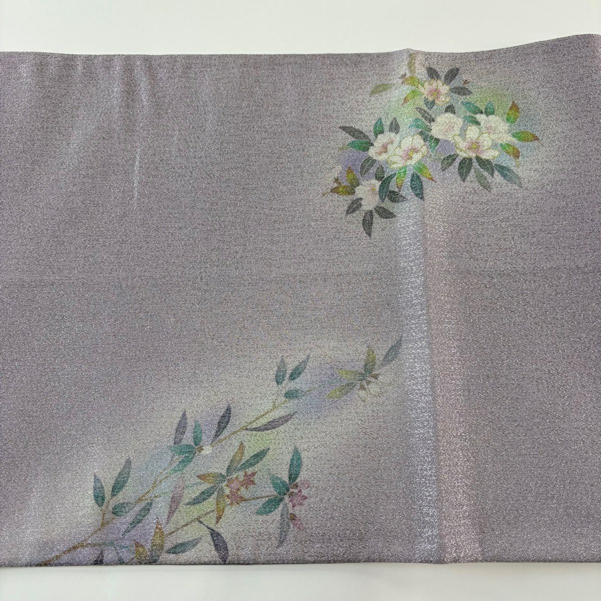 【美品】 袋帶 秀品級 草花紋 金銀彩 逐漸變色 淺紫 お太鼓圖案 純蠶絲
